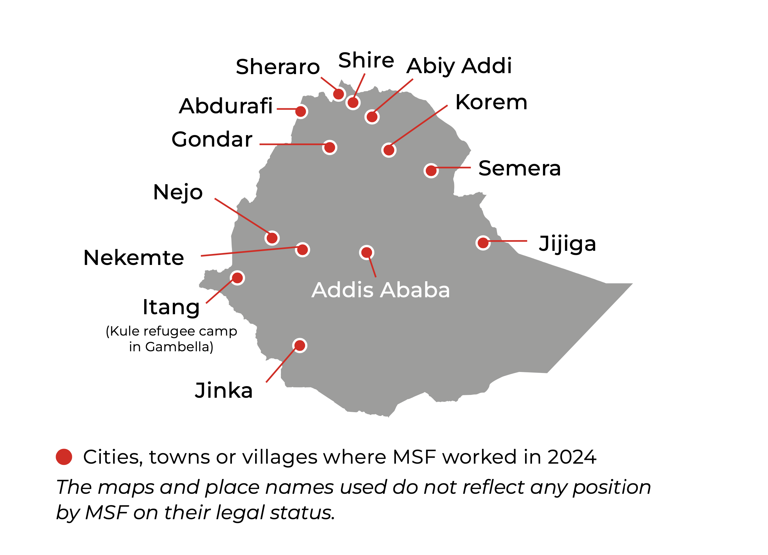 Médecins Sans Frontières (MSF) delivered vital assistance to people affected by conflict, drought, floods and disease outbreaks in seven regions of Ethiopia in 2024.