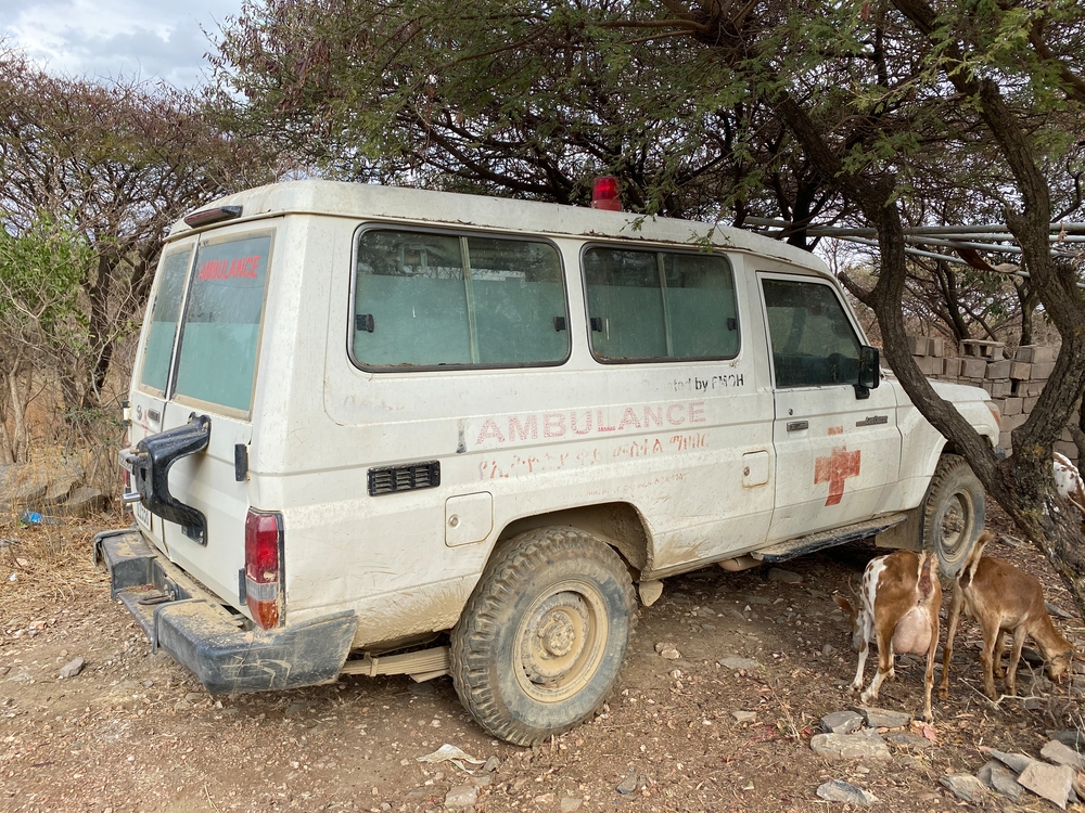 One of the ambulances hidden by the community around the town of Abyi Addi, in central Tigray, to avoid being taken by armed groups.