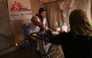 Syria; A MSF nurse registers a patient at the mobile clinic set up in Al-Fuqara camp, Al-Dana area