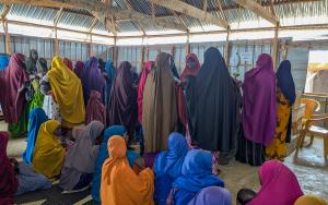 Patients wait to be seen at MSF’s Elbeti 1 health post in Elbeti IDP camp, Baidoa, Southwest State, Somalia. MSF runs seven health posts across IDP camps in Baidoa, providing primary healthcare including screening and treatment for acute malnutrition.