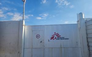 Front door of mobile field hospital- pediatric hospital