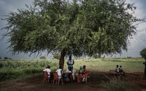 Aid post under a tree, Khadian village. 