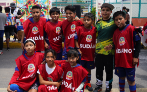 A group of children representing Lebanon and Sudan. Before the matches, the MSF team spoke to the attendees about the crises in these countries to raise awareness.