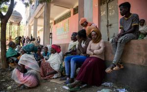 Displaced people wait at Tsegay Berhe school, in the city of Adwa in central Tigray.