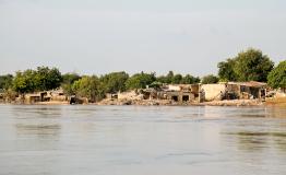 A house with its fence collapsed by the flooding in Maiduguri, Borno state, Northeast Nigeria.