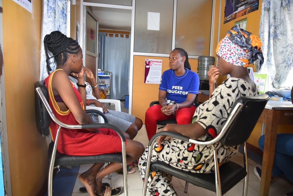 A peer educator during a discussion with young people at the Bamburi dispensary
