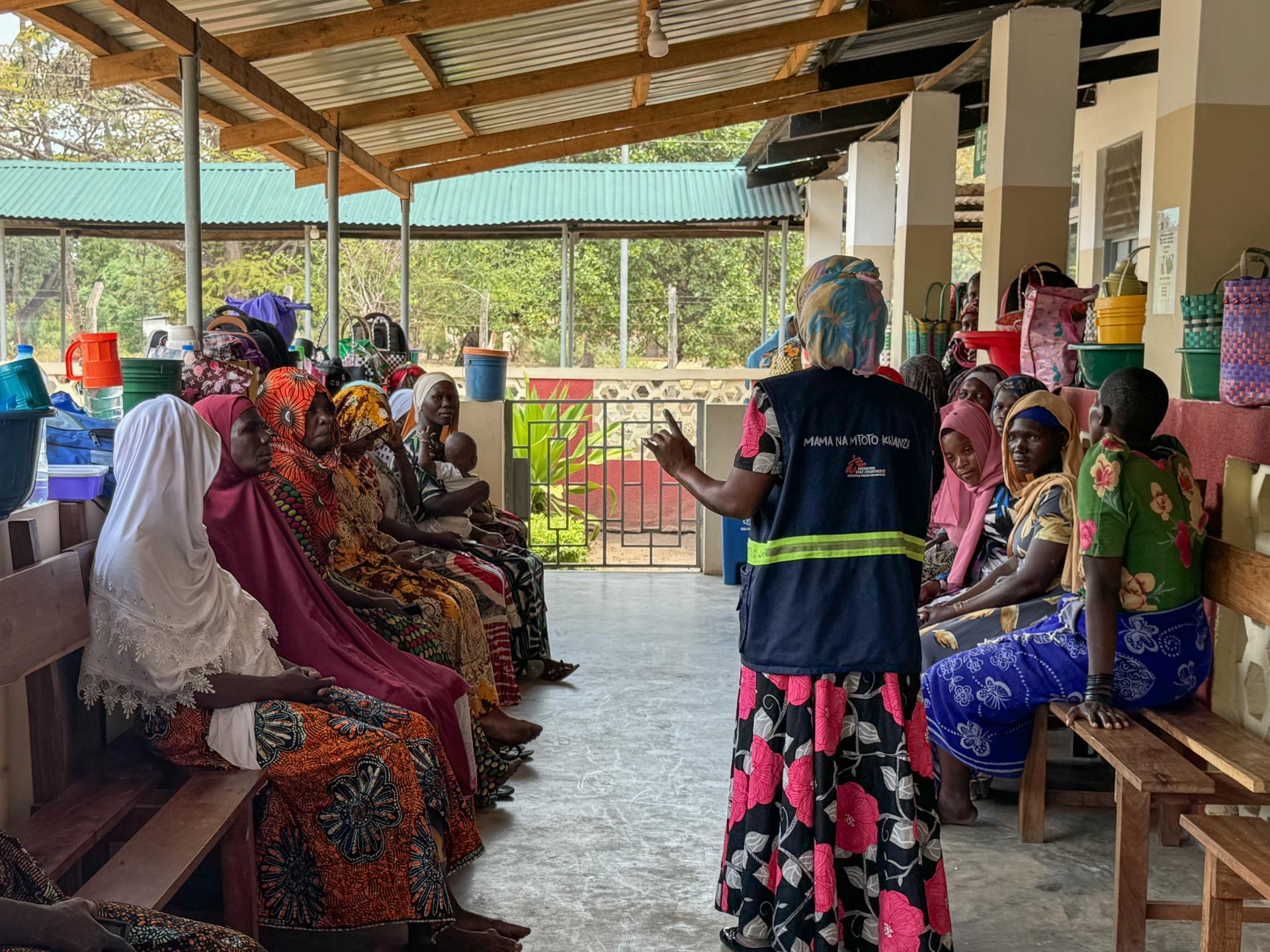 Community Health Workes delivering health messages to the women attending clinic at Liwale District Hospital.