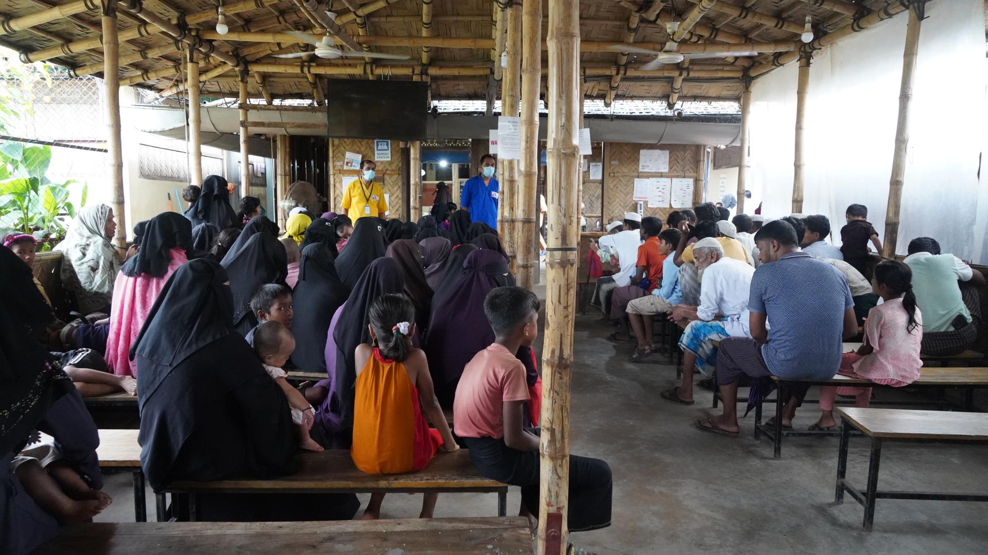 People are waiting at the triage area of MSF’s Jamtoli primary healthcare center at Ukhiya, Cox’s Bazar, Bangladesh. In the Rohingya refugee camps, essential services have been affected by reductions in humanitarian funding. Causing some hospitals and clinics to close and others to reduce services, which has significantly increased patient numbers at MSF’s Jamtoli and Hakimpara clinic in the camps
