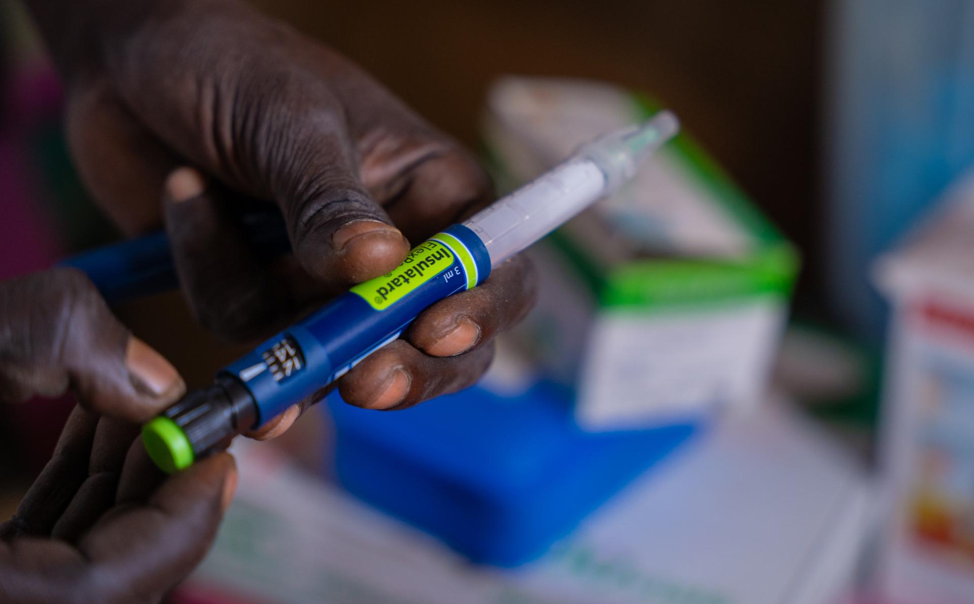 A close-up of the insulin pen that helps Aher manage his diabetes.