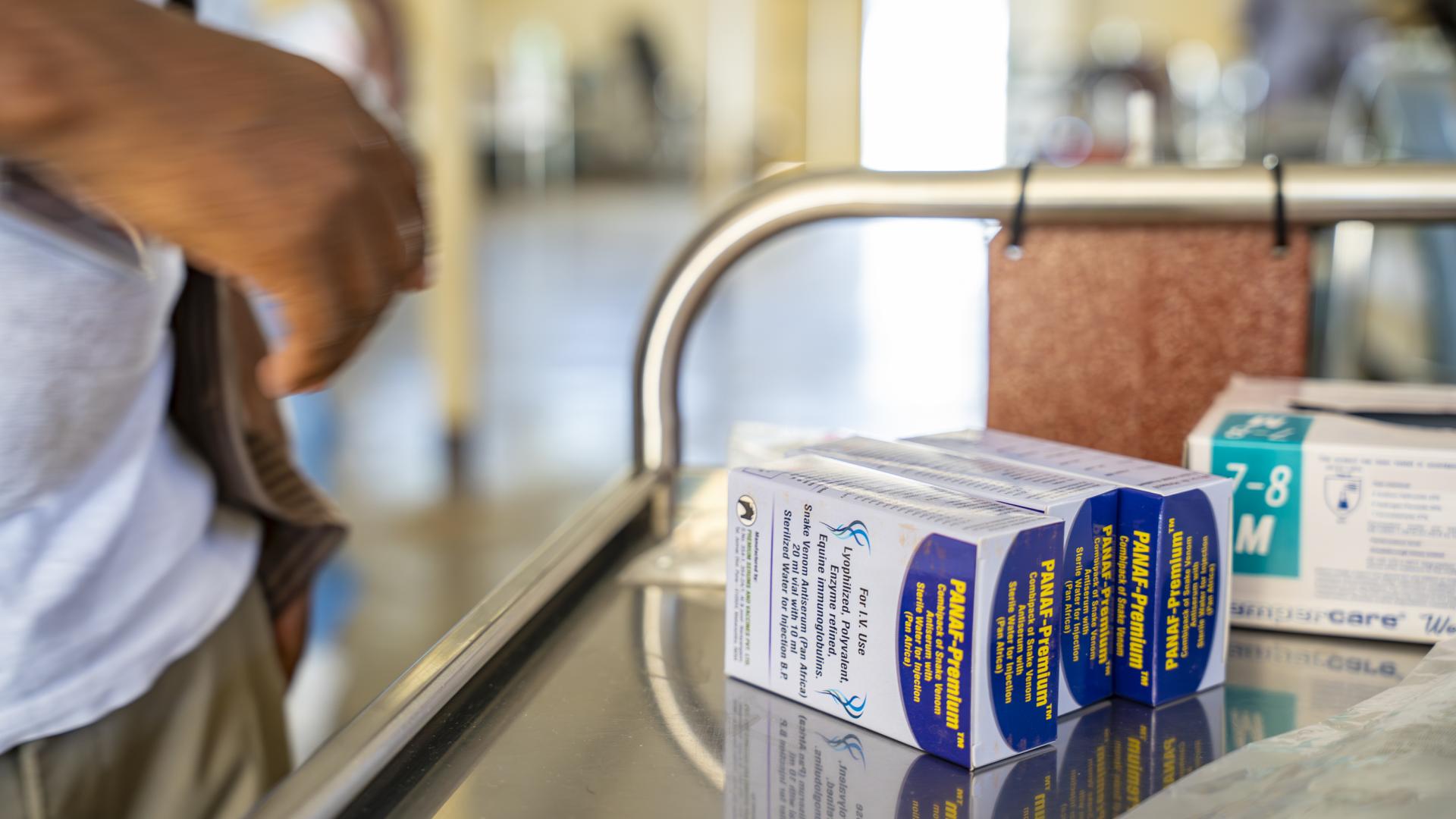 Three vials of PANAF to be administered to a snakebite (SBE) patient on arrival to the clinic.