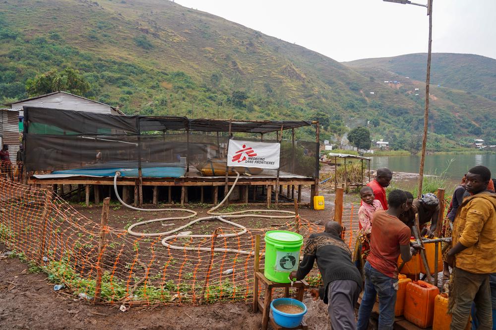 MSF emergency teams install a water treatment plant in Lomera, South Kivu, delivering clean water to combat a cholera outbreak.