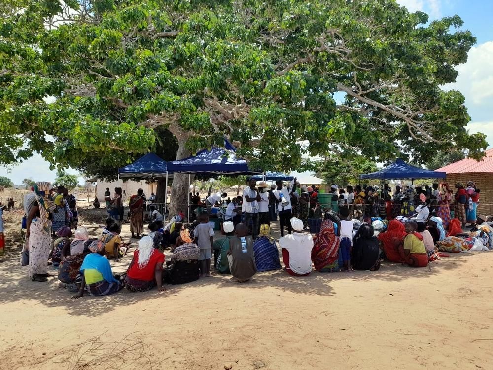People gather at a site where an MSF team is doing a mobile clinic in the town of Mocímboa da Praia, in the northern Mozambican province of Cabo Delgado.