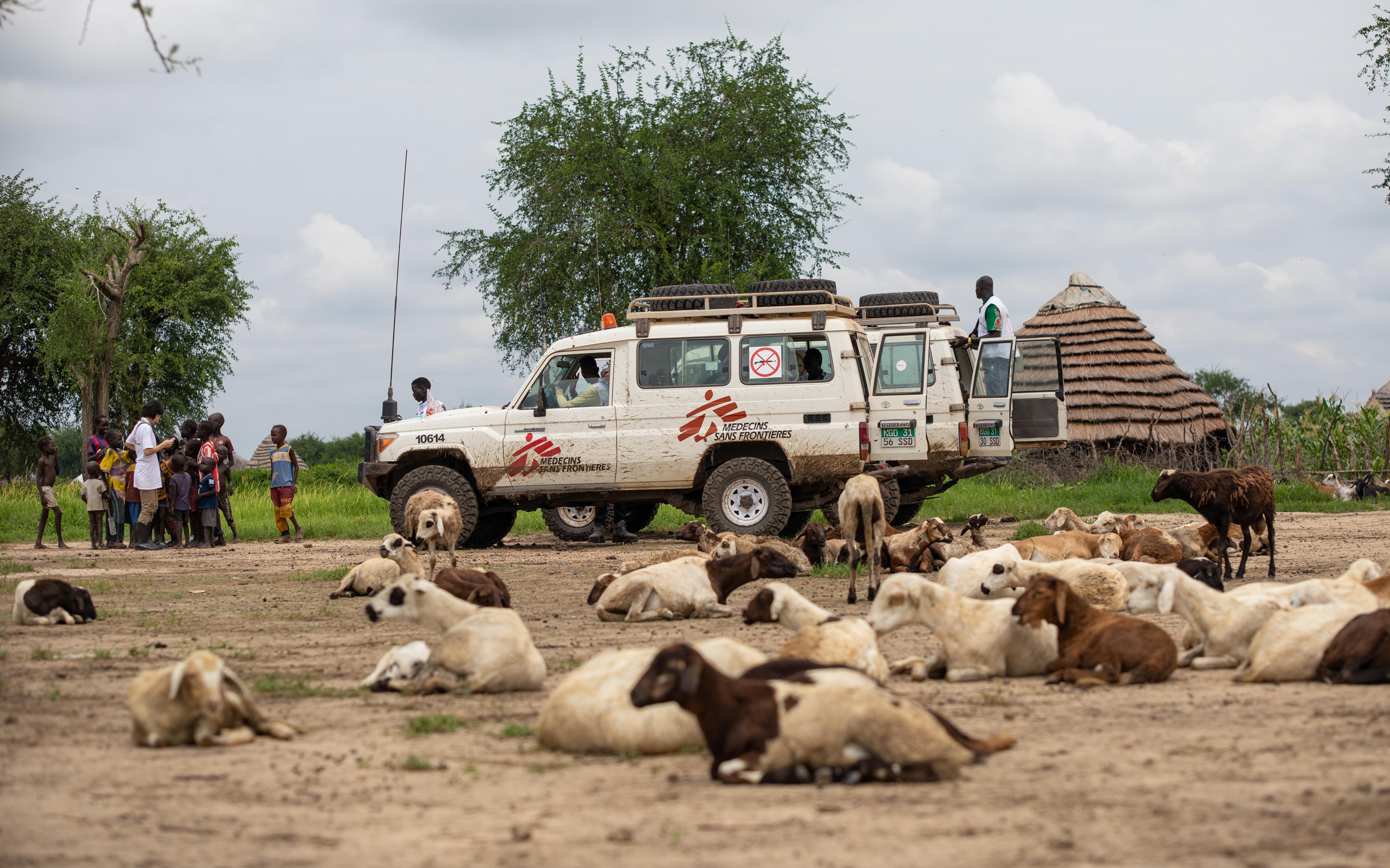 MSF team interacts with children during a site visit to one of the Integrated Community Case Management (ICCM) sites in Abyei Administrative Area.