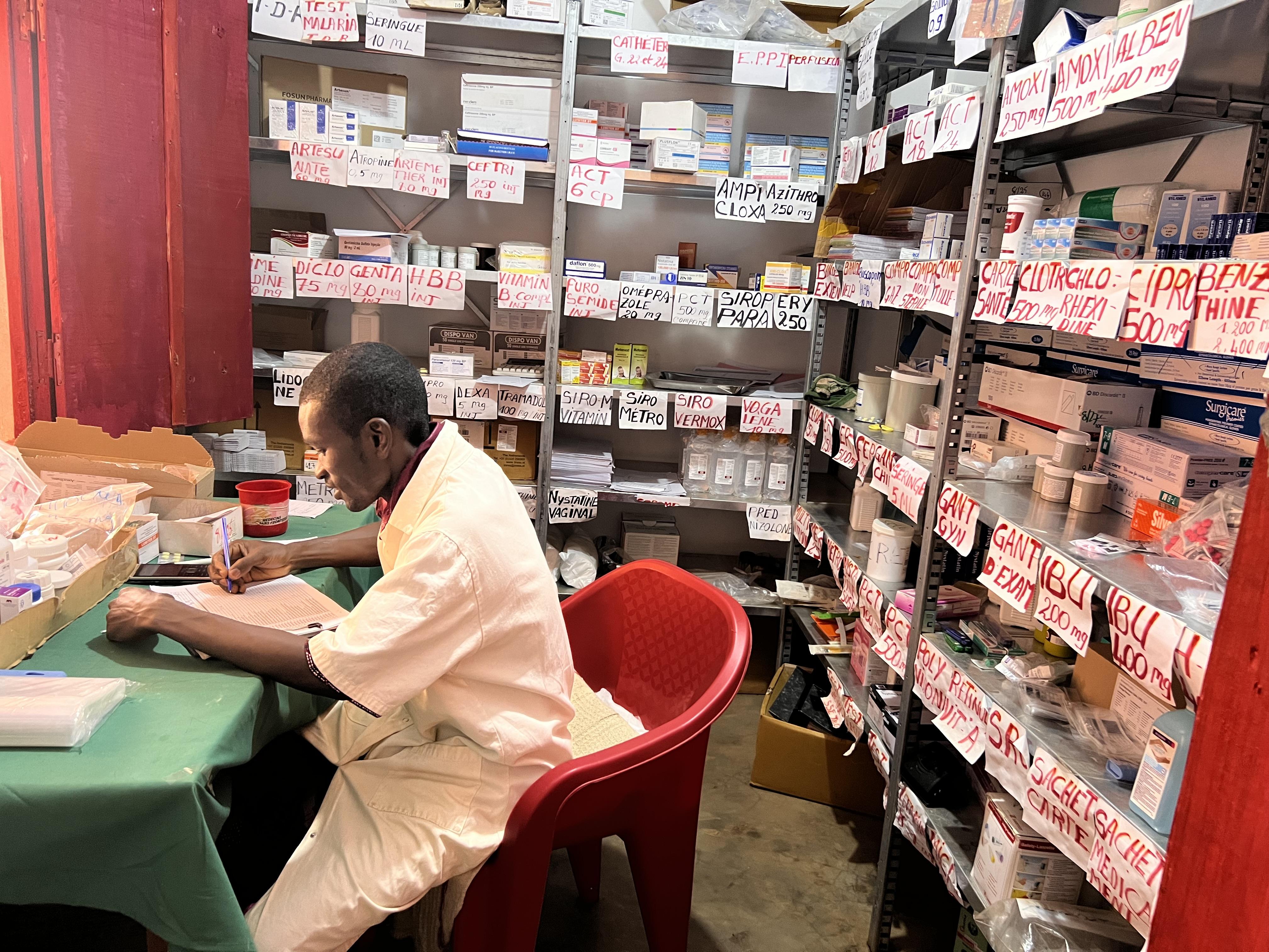 Inside the pharmacy at the MSF-supported Ngakobo health centre.