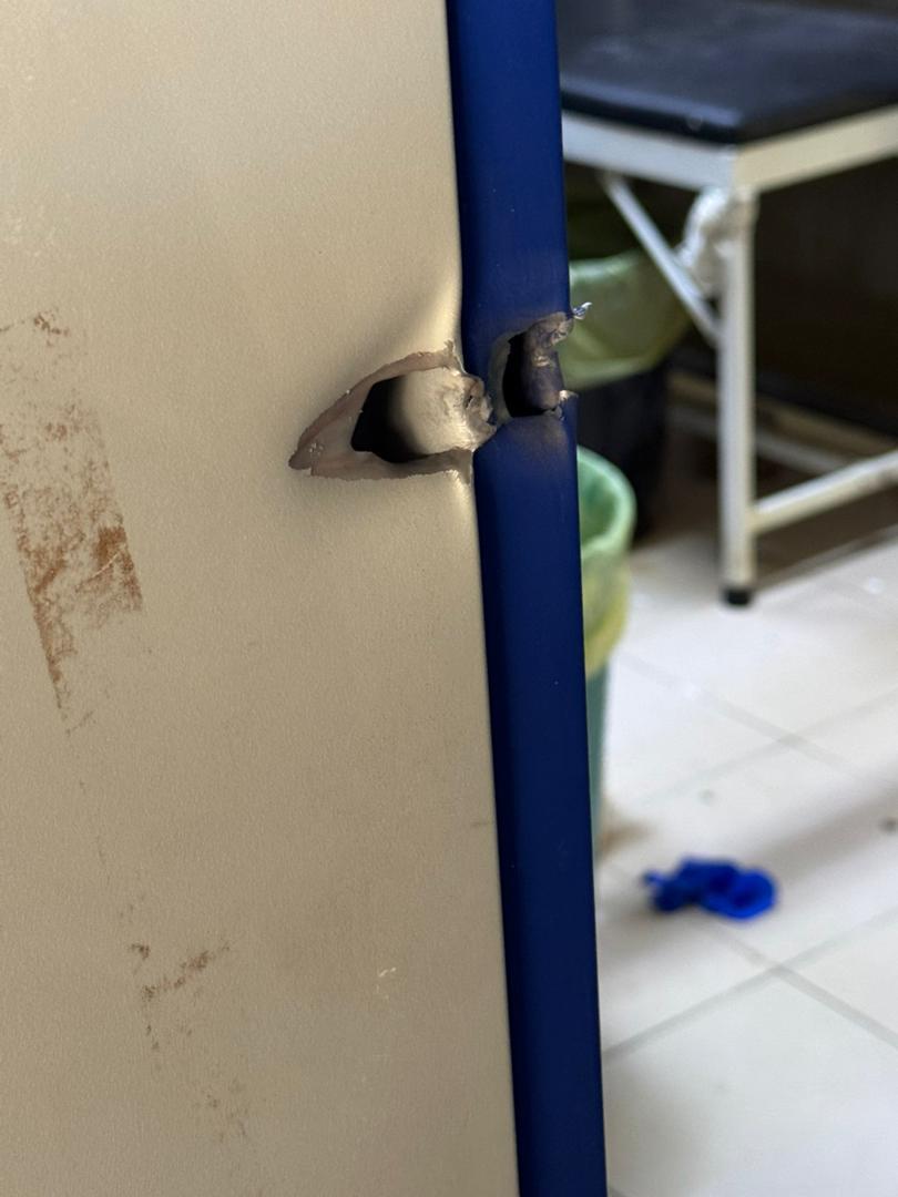 The bullet marks left by Rapid Support Forces soldiers inside the emergency room of Bashair Teaching Hospital in South Khartoum.