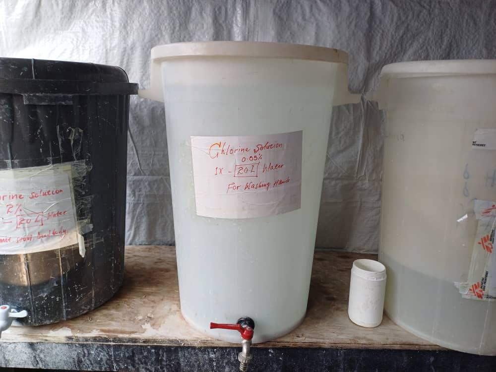 Tanks of chlorinated water at Cholera Treatment Unit in Ulang. Amidst conflict in Upper Nile, MSF is running a cholera response in Ulang county as numbers keep increasing.