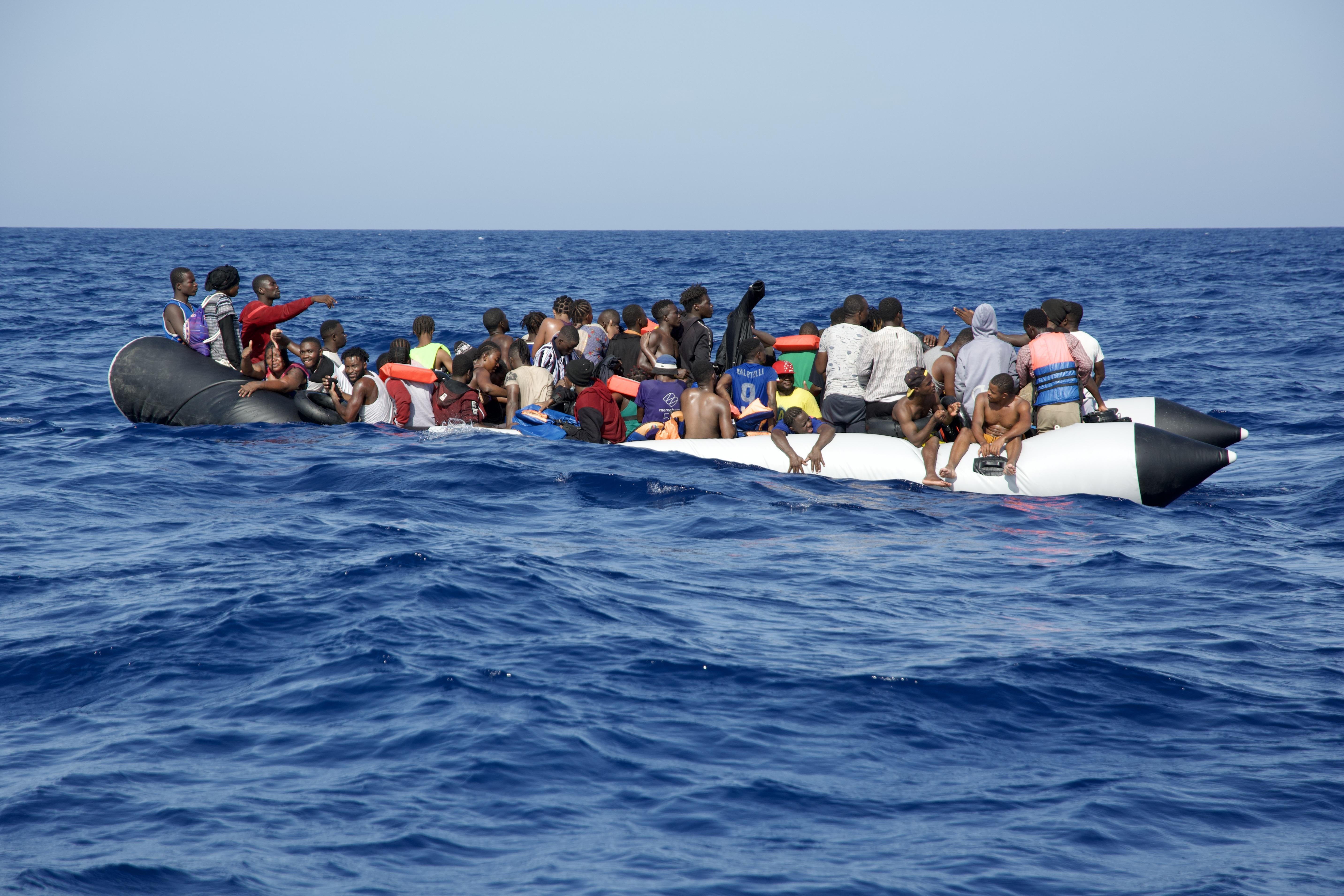 Simon’s capsizing dinghy shortly before its rescue by MSF vessel Geo Barents, 2022.