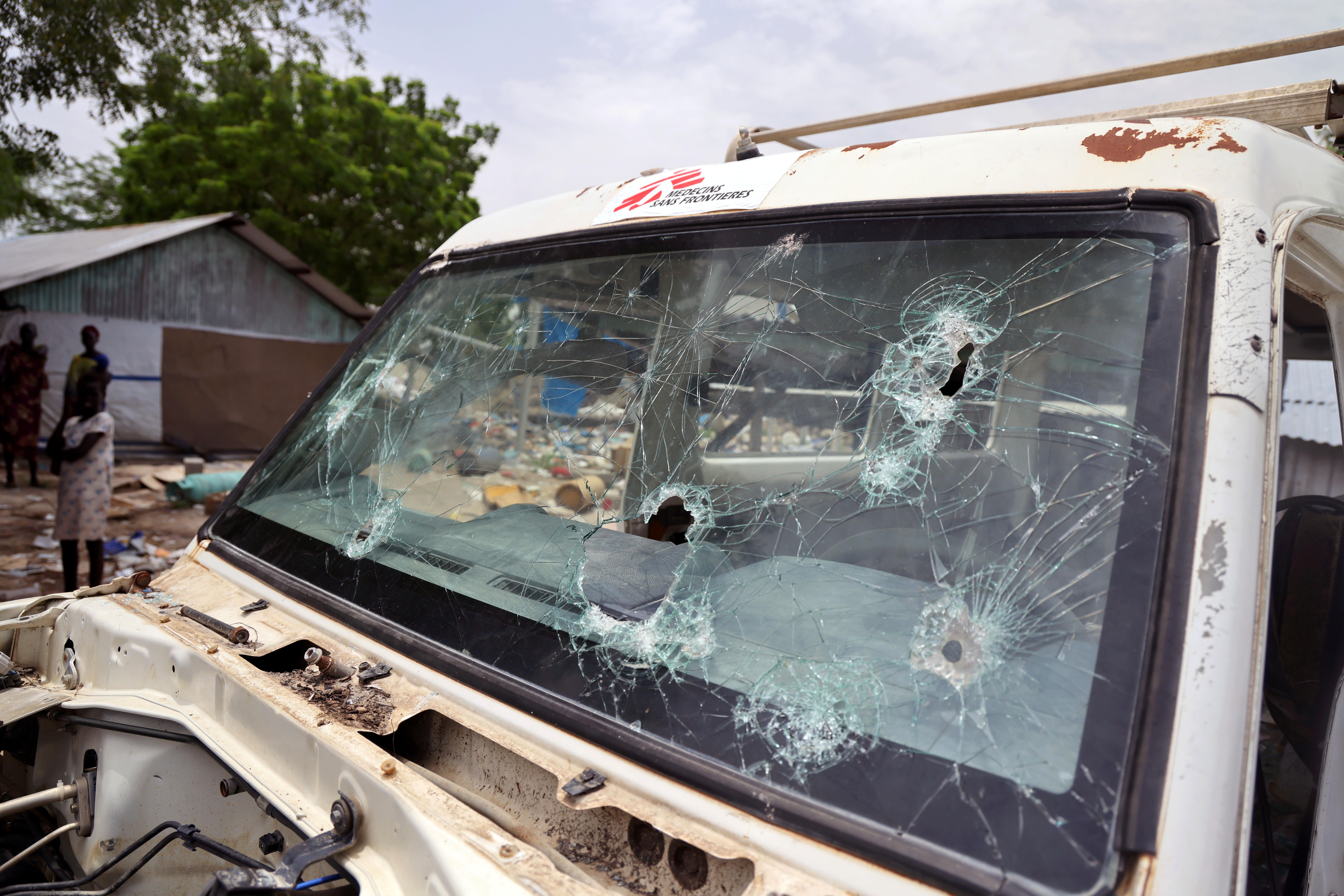 An MSF car with bullet holes in the windshield at an MSF hospital in Lankien, Jonglei State, South Sudan.