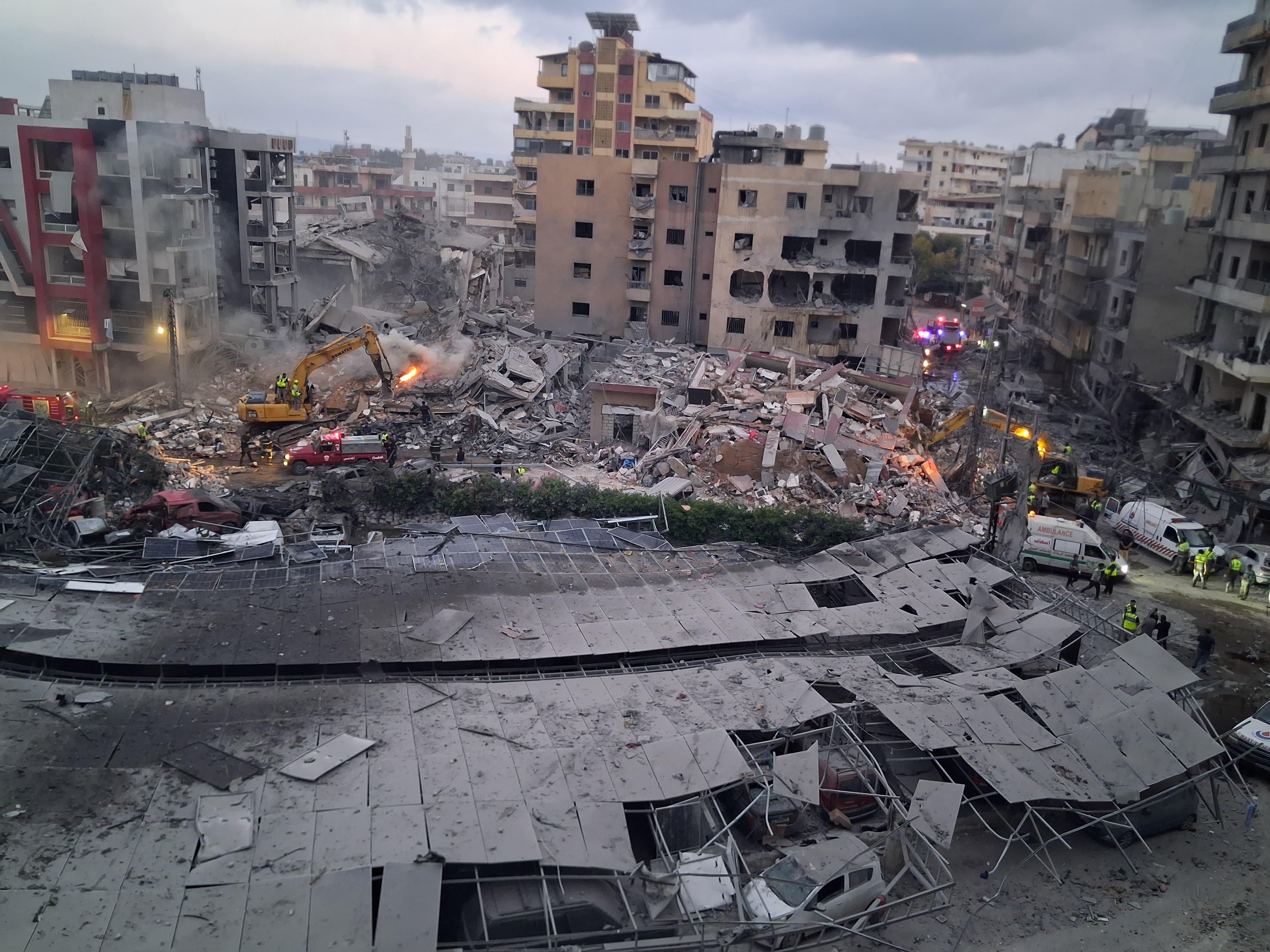 Rescue workers comb the debris following an Israeli strike next to Jabal Amel hospital. Sour (Tyre), Lebanon, June 2026.