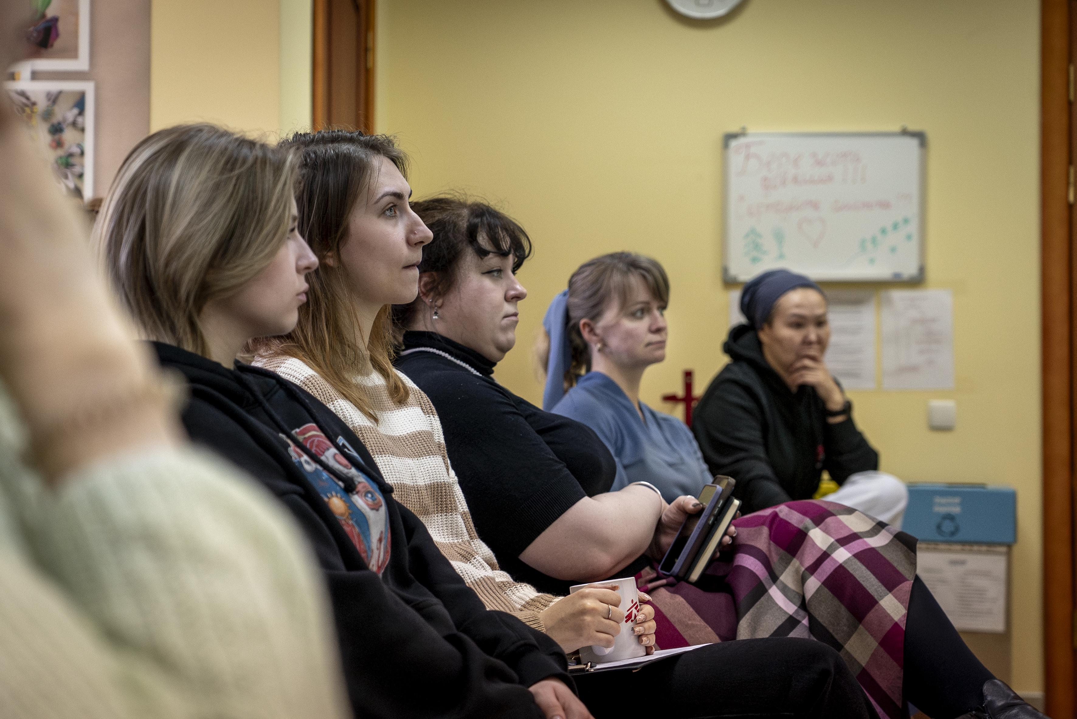 MSF staff meet at the Vinnytsia centre to coordinate mental health services for war-affected people.