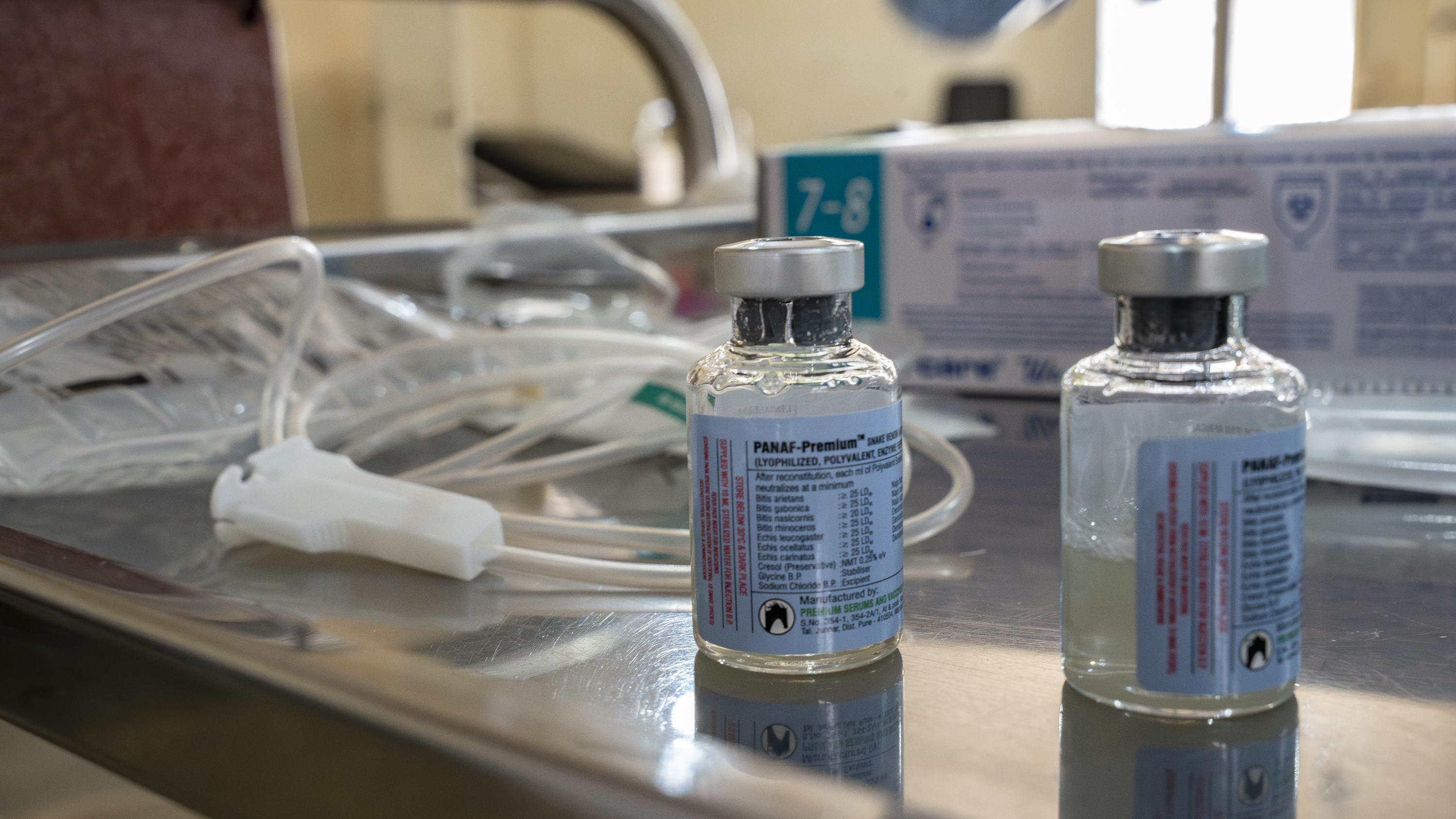 PANAF vials in a table before being administered to a snakebite patient
